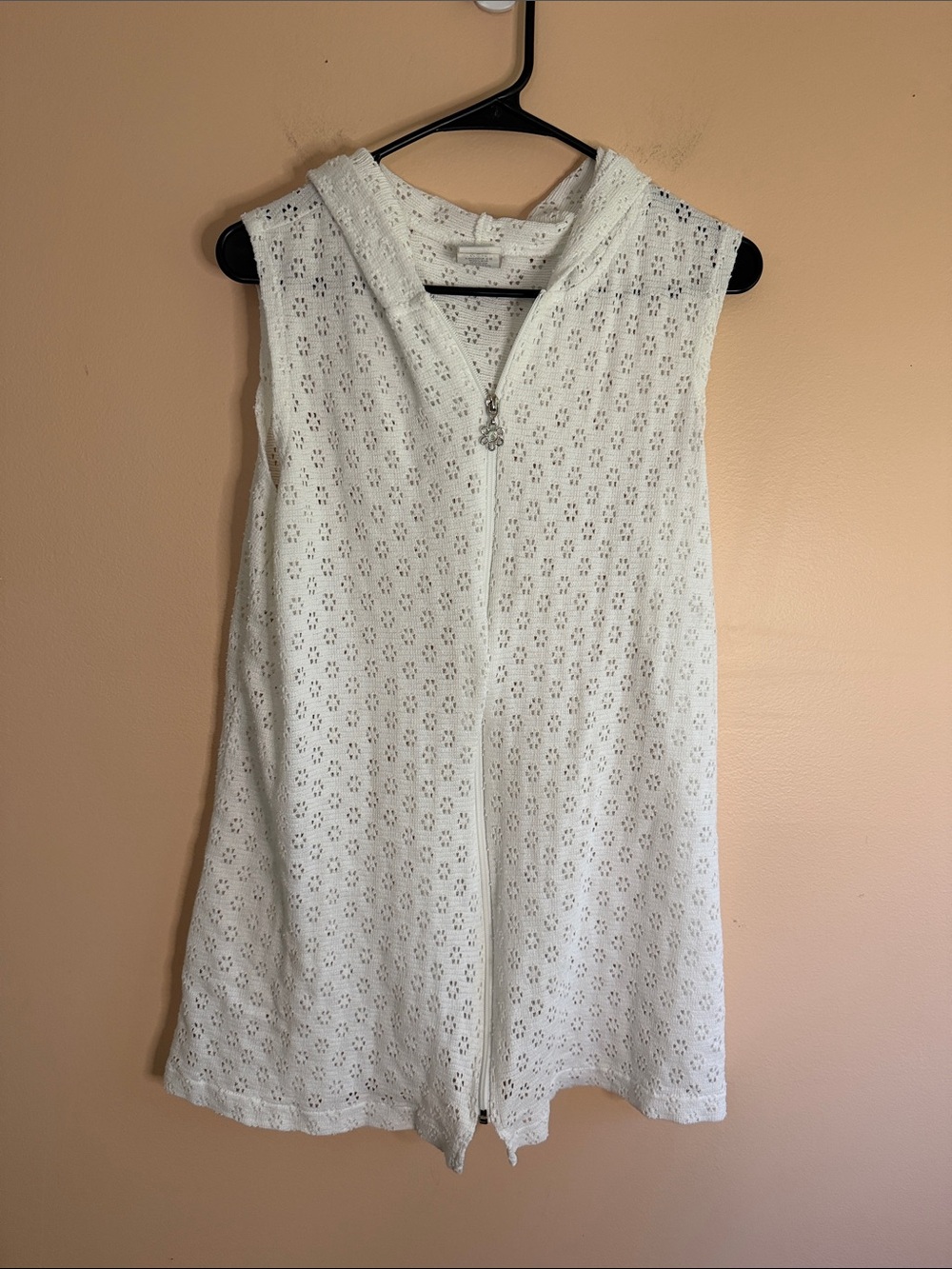 Sleeveless White Eyelet Hooded Zip Swim Coverup